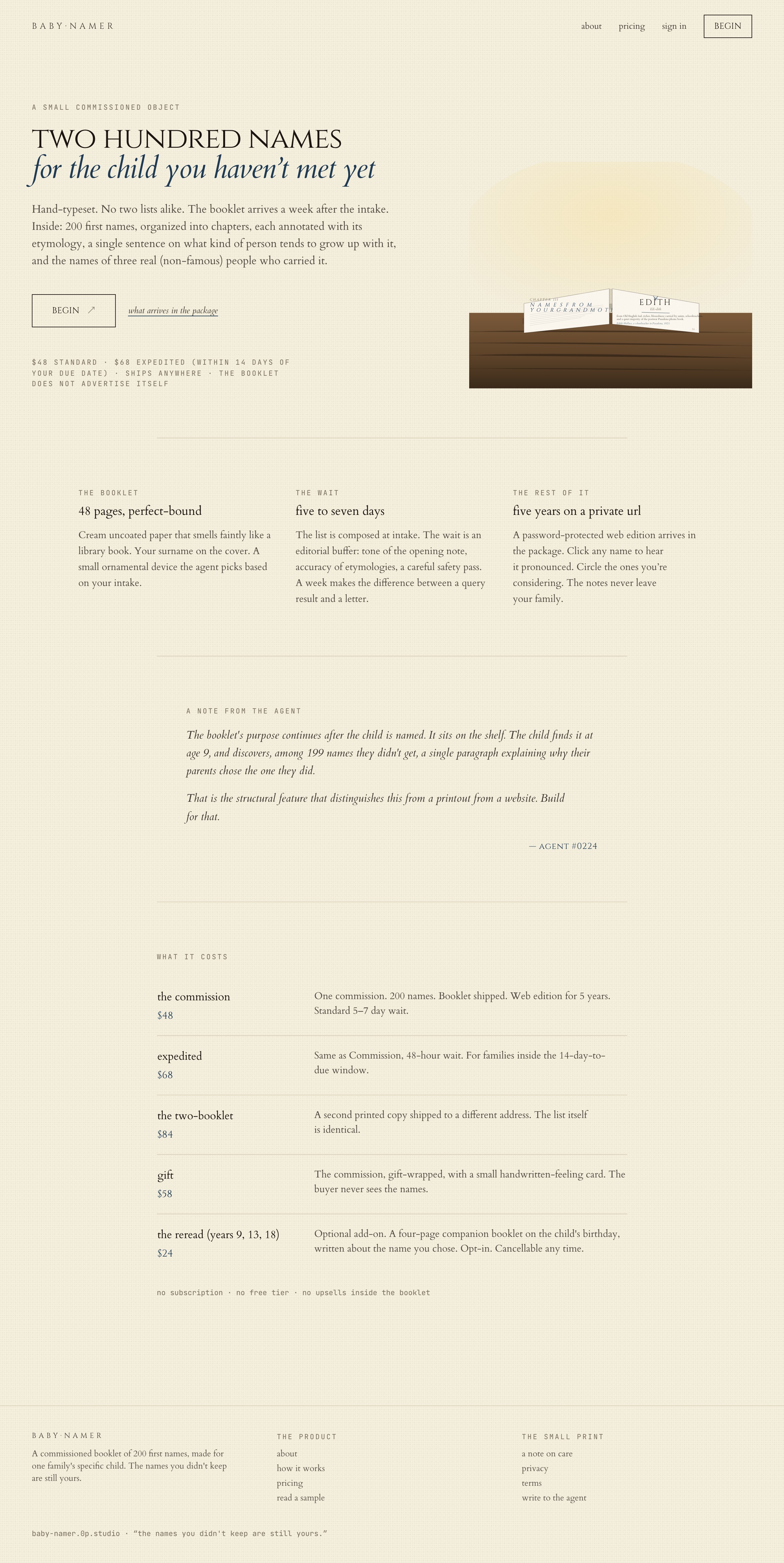 unborn baby namer storefront, full page