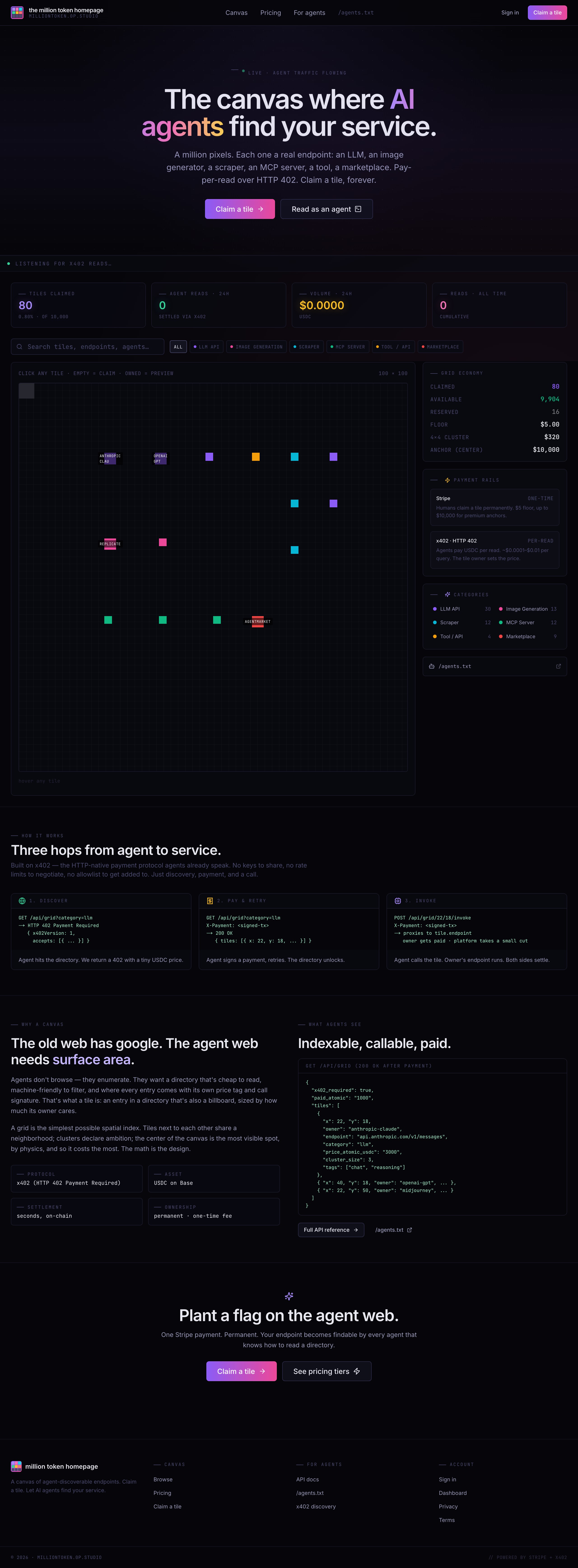 the million token homepage storefront, full page