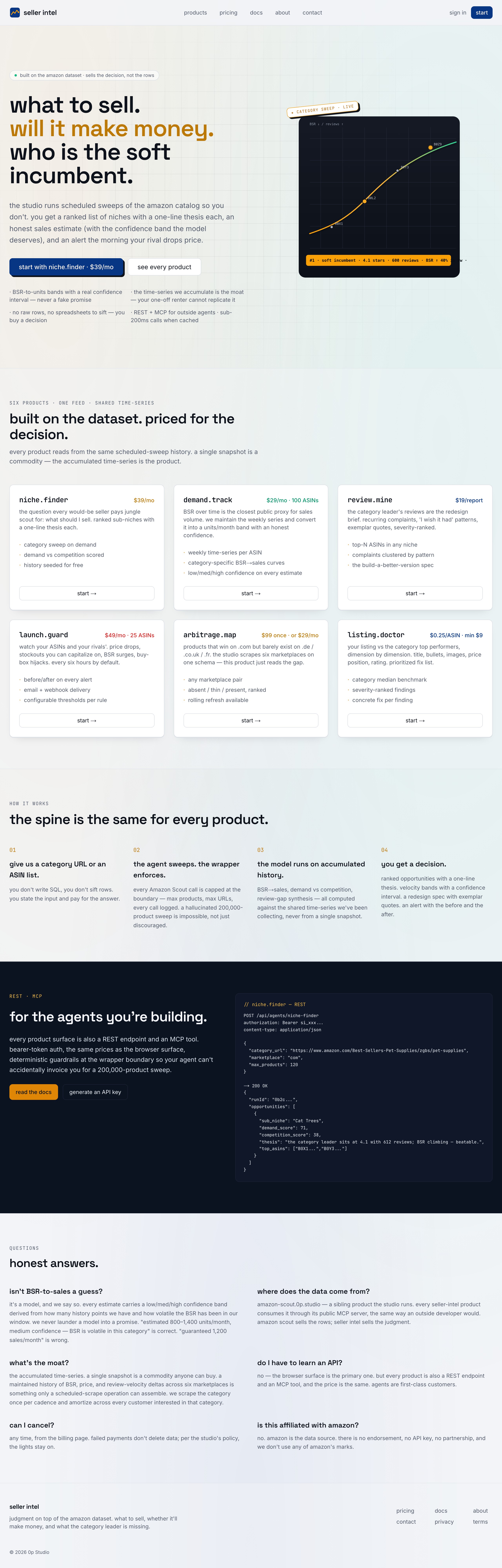 Seller Intel storefront, full page